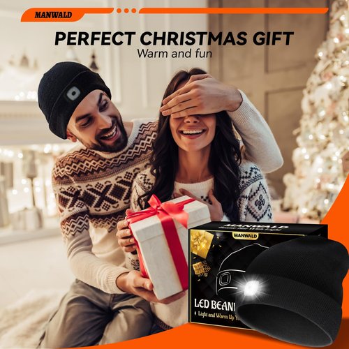 MANWALD LED Beanie Hat with Light, USB Rechargeable LED Headlamp, Gifts for Men, Mens Gifts, Birthday Gifts for Him Dad Husband, Boyfriends, Black