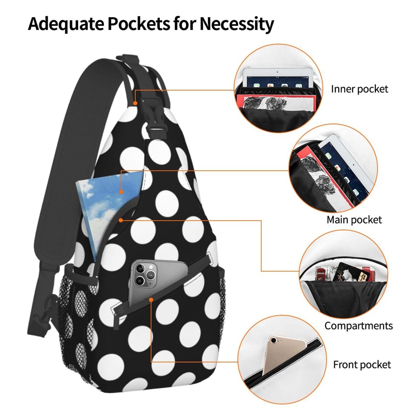 QISENTIS Polka Dot Sling Bag for Women Men White Dots on Black Background Modern Pattern Travel Crossbody Bags Abstract Dots Pattern Casual Sling Backpack Chest Shoulder Bag Gym Sports Hiking Daypack