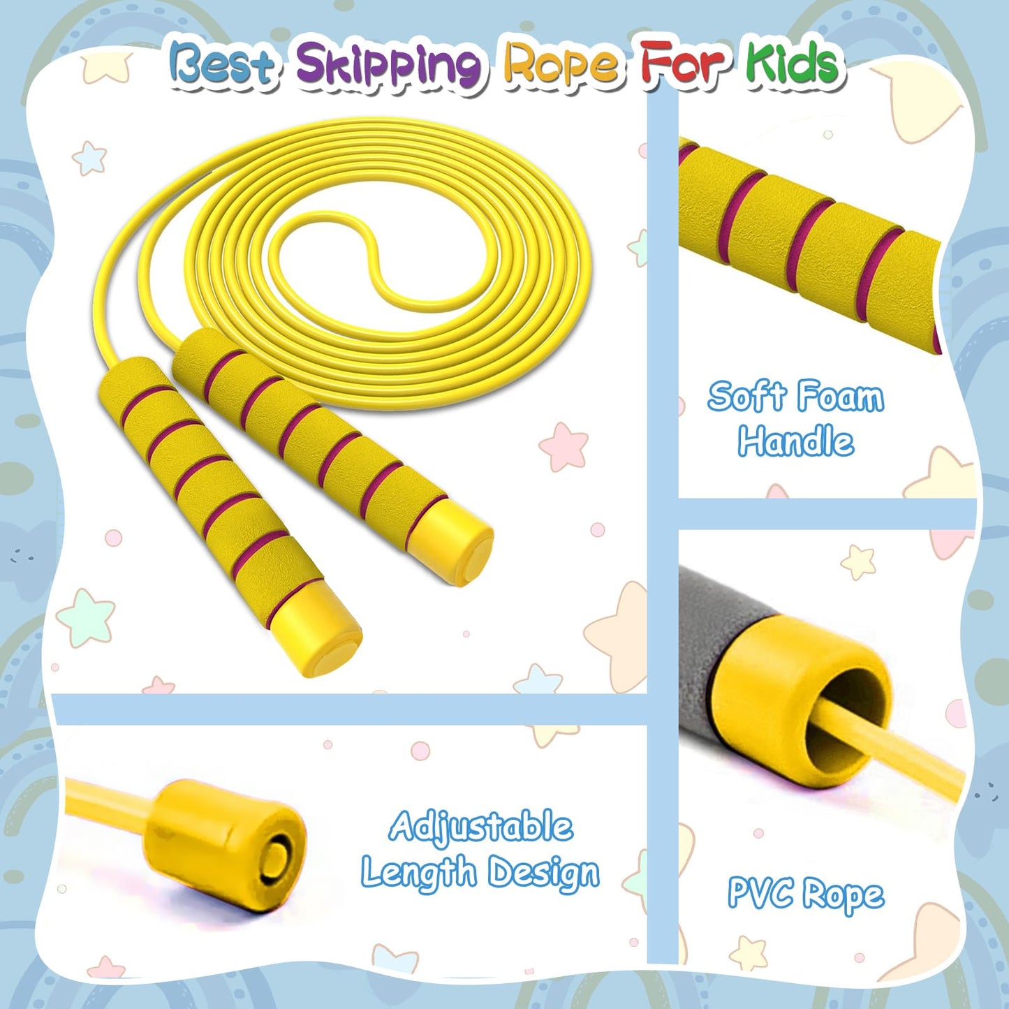 Adjustable Soft Skipping Rope - Kids to Adults, Toddler to Senior, Skin-Friendly Foam Handles, Flexible Exercise - Outdoor, Indoor