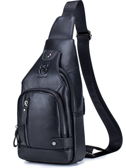 BULLCAPTAIN Leather Sling Bag Mens Chest Bag Casual Shoulder Crossbody Bags Travel Hiking Backpacks Daypack with USB Charging Port (Black)