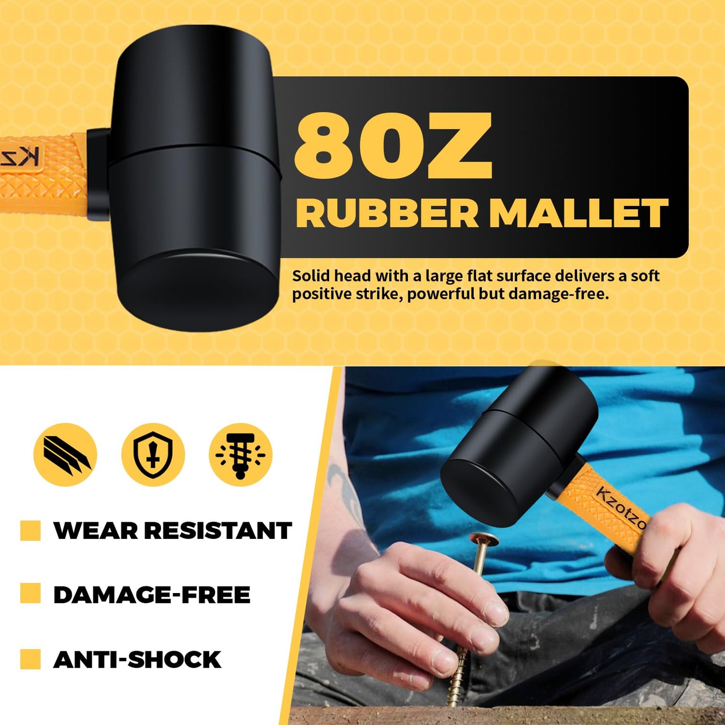 2-Piece Rubber Mallet Hammer Set, 8oz Rubber Hammer Mallet & 25mm Double-Faced Soft Mallet, Shockproof Fiberglass Handle with Cushion Grip, Damage-Free to Floor, Tile, Crafts