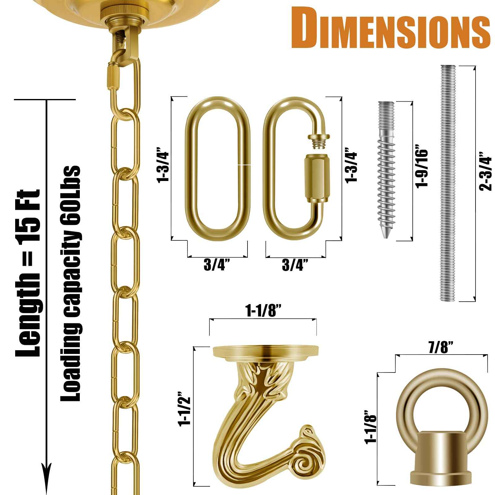Omytie 15 Ft Heavy Duty Hanging Chain Kit with Connection Locks & Swag Ceiling Hooks for Lighting Fixture, Chandelier, Pendant, Lantern, Swag Lamp, Plant/Flower/Fruit Basket, Bird Feeder (Brass)