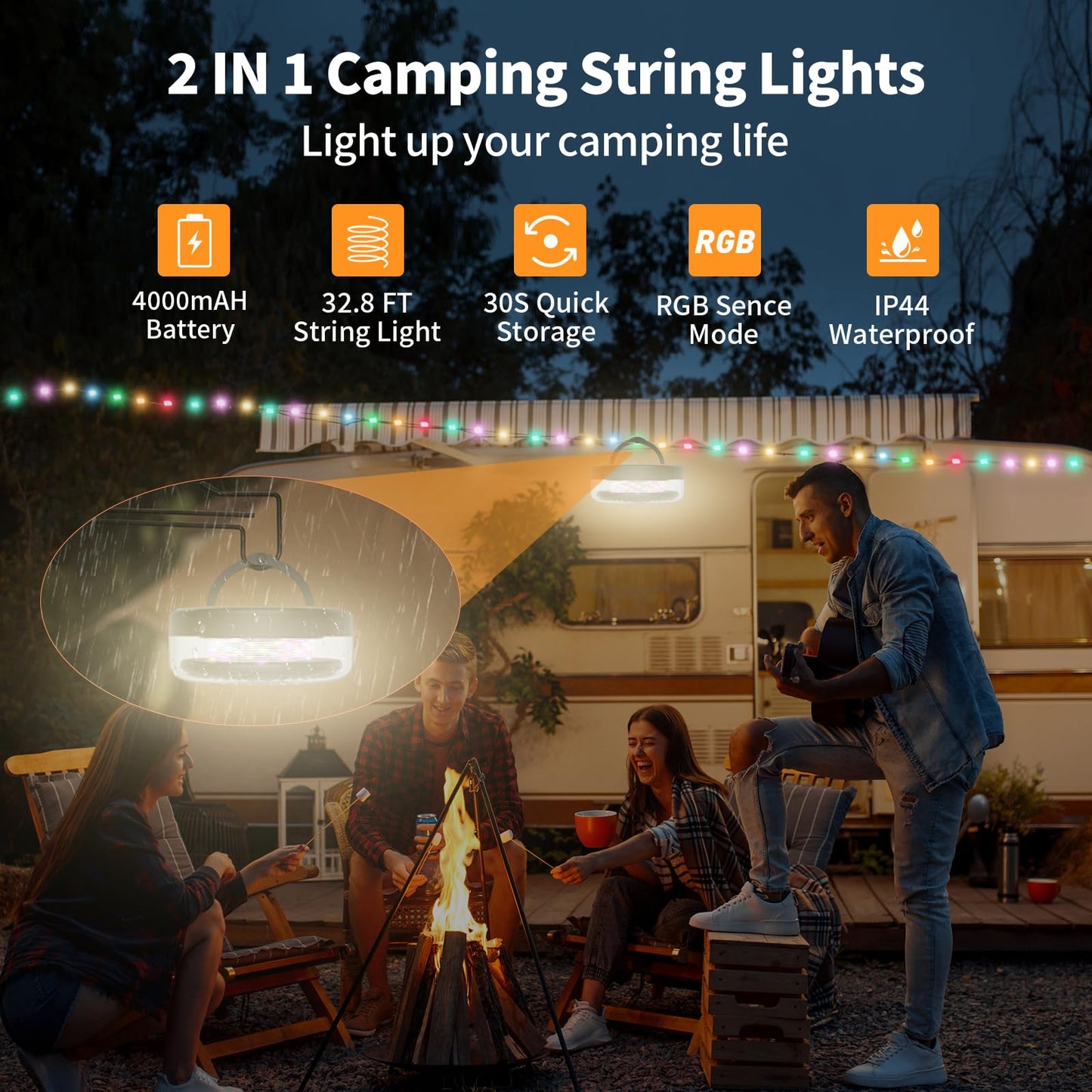Camping String Lights 32.8FT, 2 in 1 Outdoor Camping Lantern with 14 Lighting Modes, 30s Recovery, IP44 Waterproof, 4000mAh Battery, Portable Camping Lights for Camping, Yard, Festival Decor