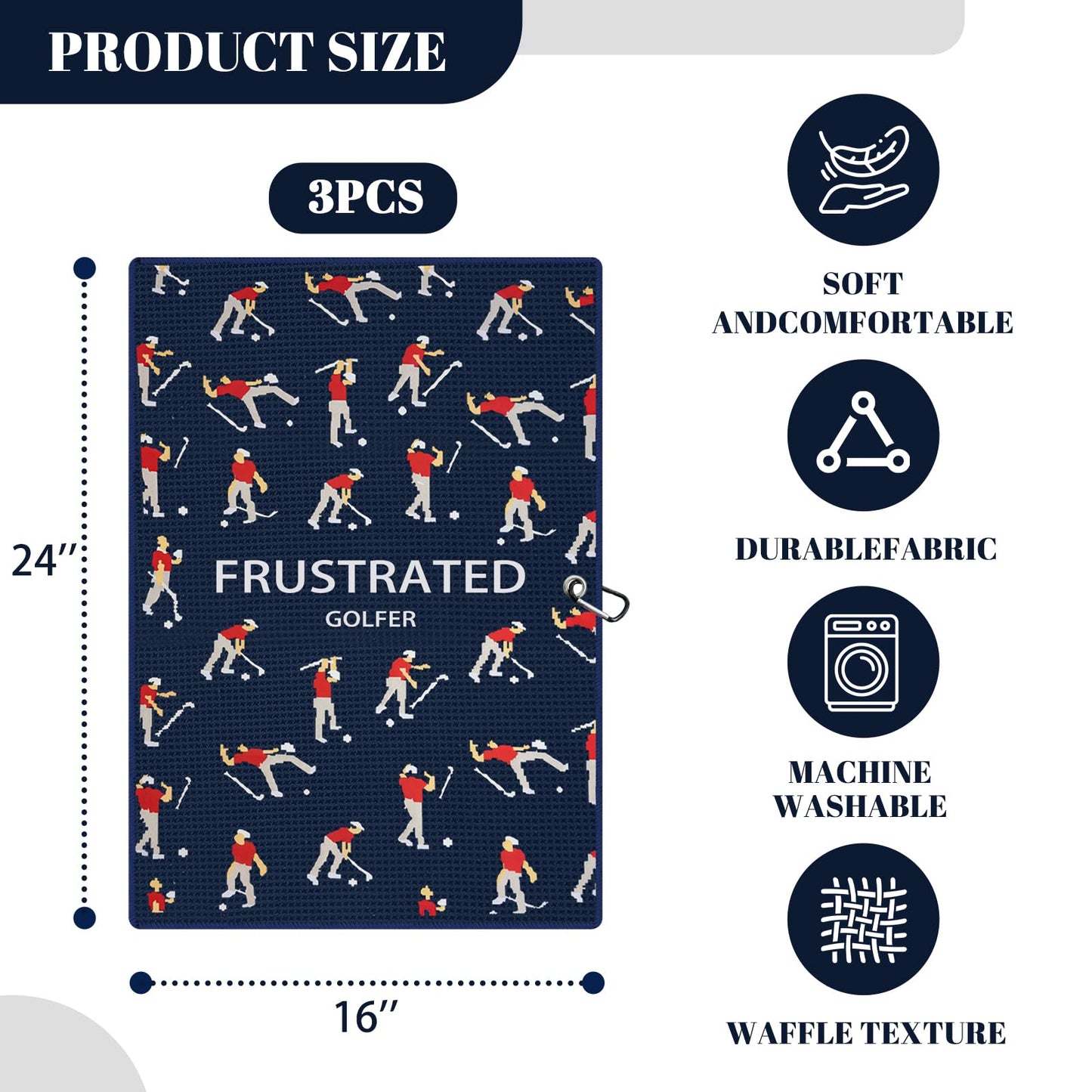 Puoqu Microfiber Golf Towels (16" X 24") with Carabiner Clip, Waffle Pattern Golf Towel Hook and Loop Fastener, Golf Club Towel, Premium Golf Accessories, Gift for Men, Golfers, Dad (Three Navy Blue)