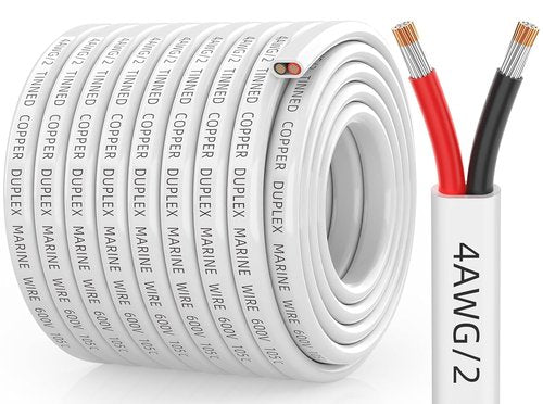 Marine Grade 4 Gauge Wire - Tinned Copper 4/2 Duplex Cable | IP68 Waterproof & Corrosion-Resistant (50FT)