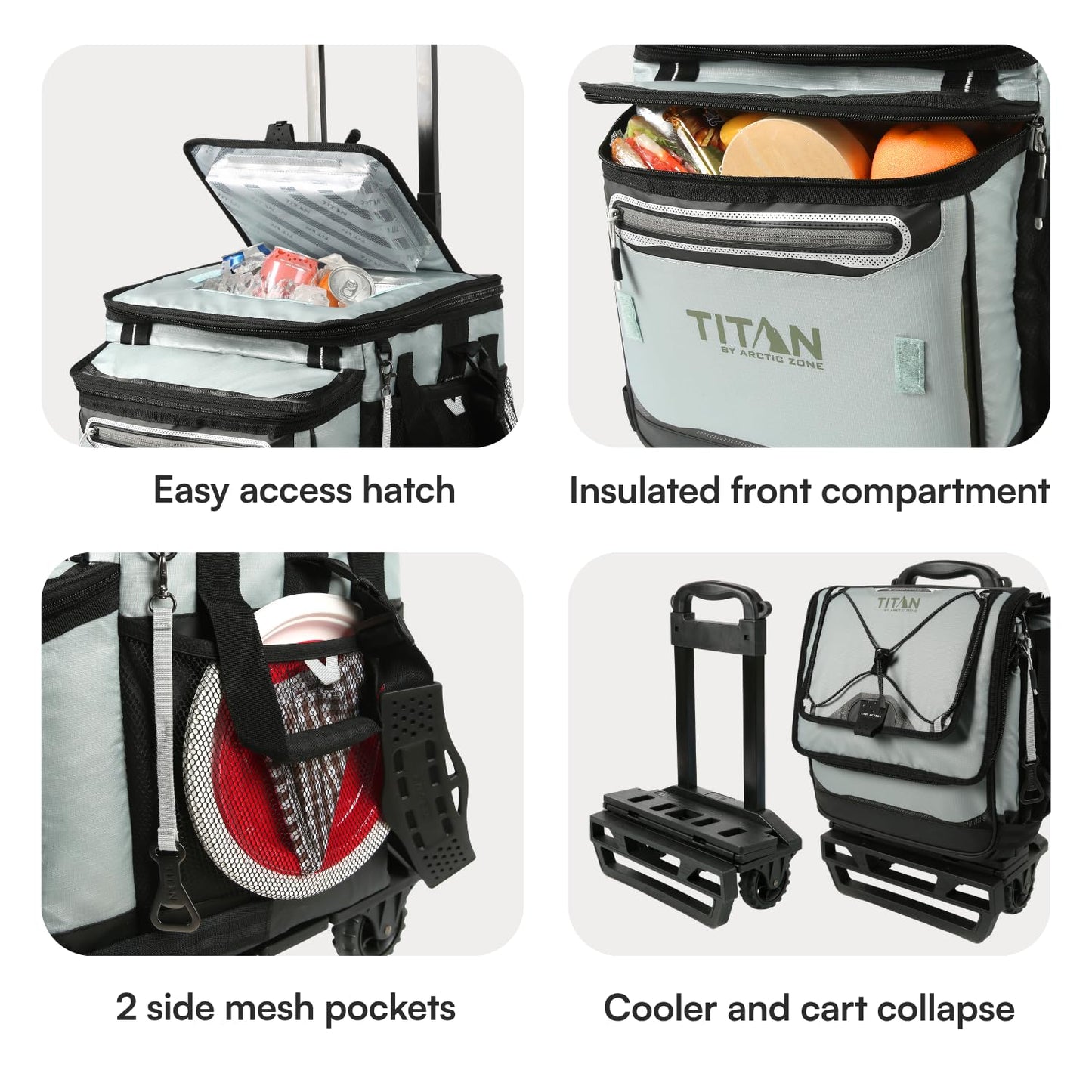 Titan by Arctic Zone Collapsible Wheeled Soft Sided Cooler with Detachable Rolling AT Cart, Insulated Bag with Leak Proof Lining, for Travel, Beach, Picnic, 60 Can Capacity, Seagrass