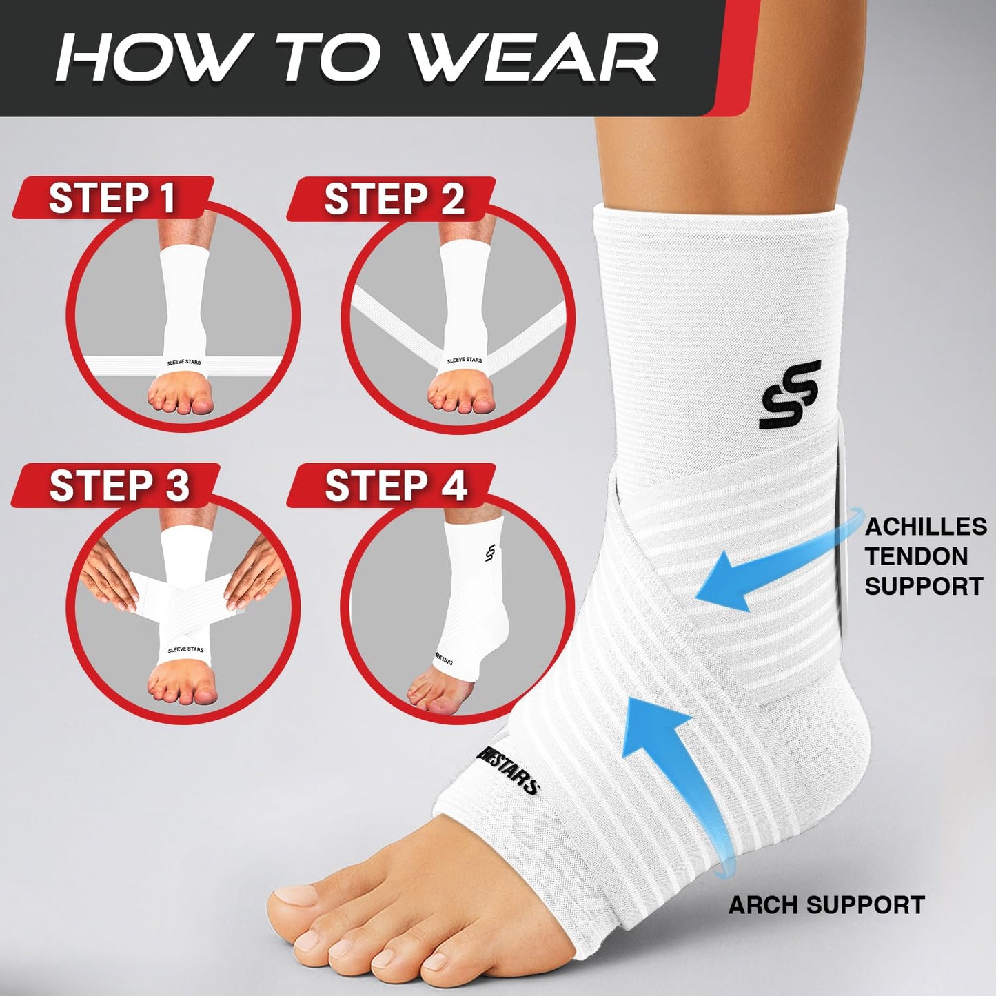 Sleeve Stars Ankle Brace for Women & Men, Ankle Wrap for Sprained Ankle, Compression Sleeve for Plantar Fasciitis Relief, Easy Customizable Support: w/Removable Strap (Single/L:12"-13"/White)