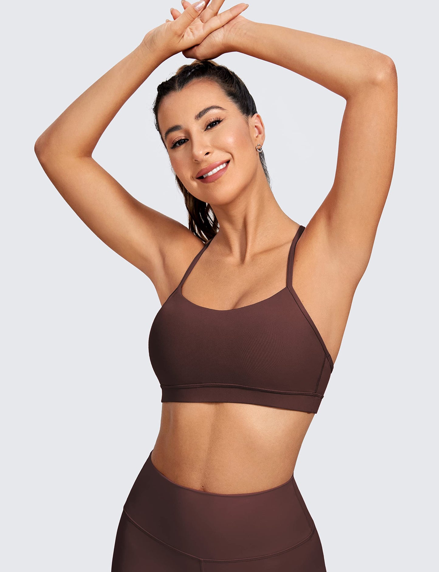 CRZ YOGA Butterluxe Y Back Sports Bras for Women - Padded Racerback Low Impact Spaghetti Thin Strap Workout Yoga Top Taupe Medium