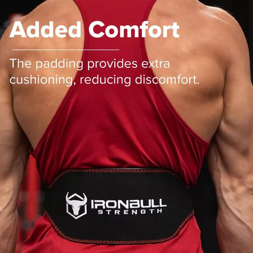 Iron Bull Strength Padded Weightlifting Belt - 6-inch Suede Leather Weight Belt - Heavy Duty and Comfortable Back Support for Heavy Weight Lifting, Crossfit and Fitness (Black/Red, Small)
