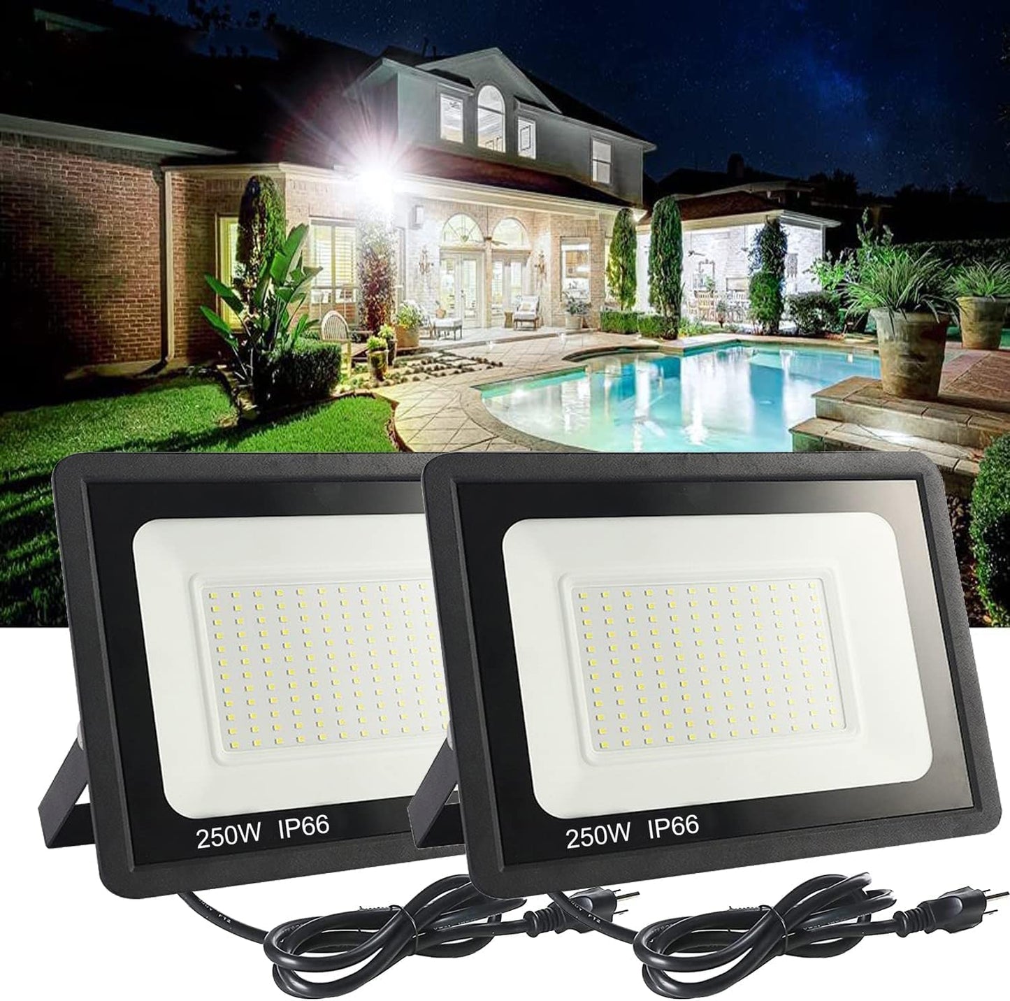 MUCLUD 2Pack LED Flood Light Outdoor,250W LED Work Light 25500lmwith 6FT US Plug,IP66 Waterproof Exterior Security Lights,6000K Daylight White Outside Floodlights Slim Design for Playground Yard