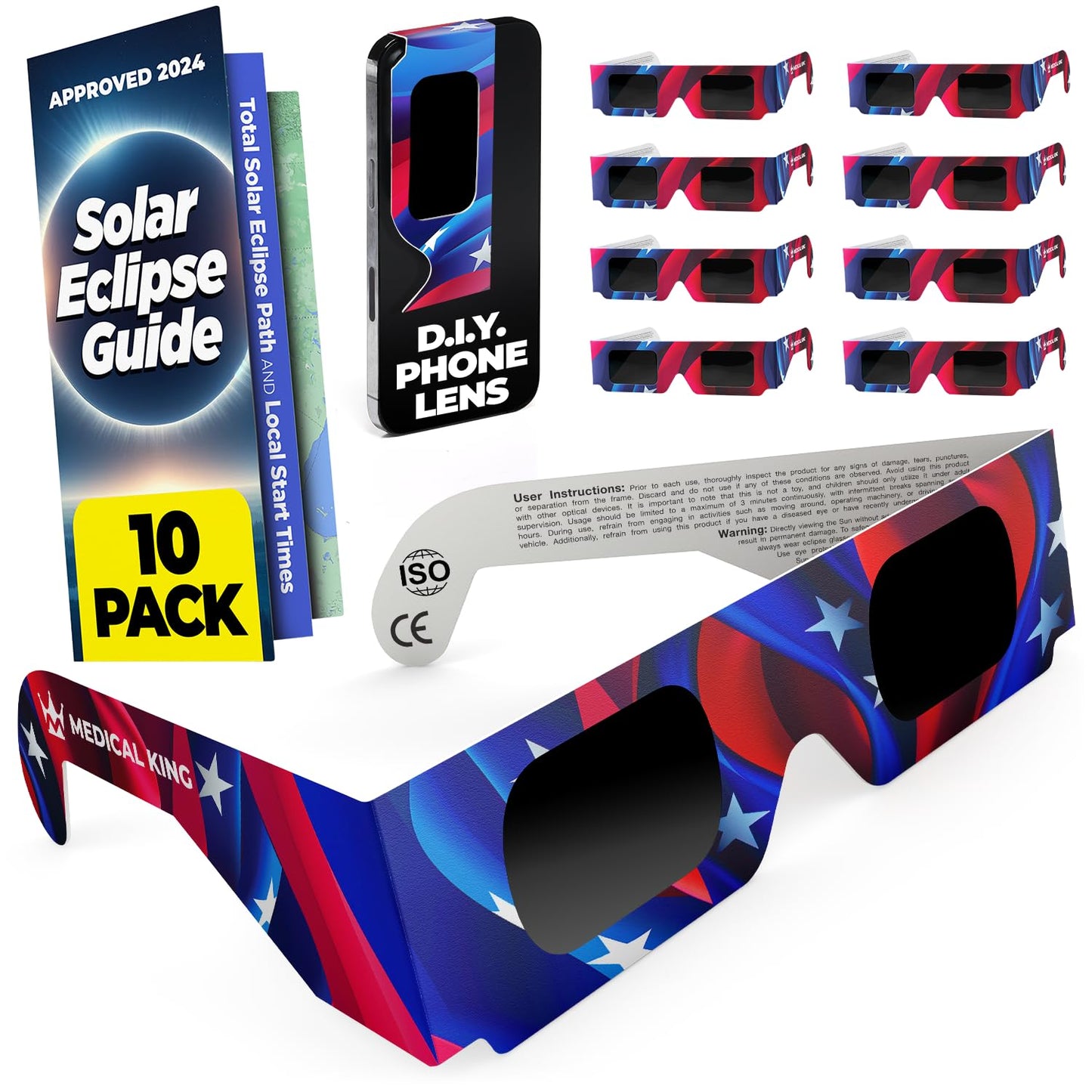 Medical king Solar Eclipse Glasses (10 pack) 2024 CE and ISO Certified Safe Shades for Direct Sun Viewing Approved 2024