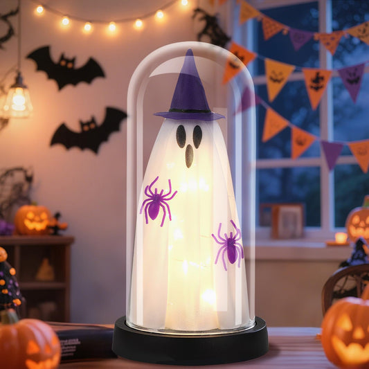 Halloween Decor-Halloween Decorations Indoor-Light Up Ghost in Glass Cloche-Cute Ghost with Light for Home Kitchen Mantel Tabletop Party Decor- Ghost-Purple