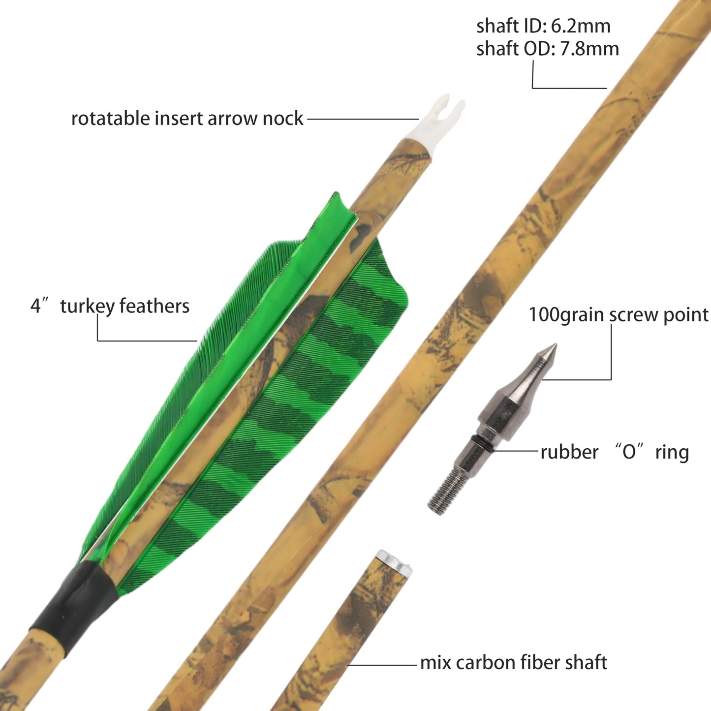 ZSHJGJR 30” Carbon Arrows Hunting Arrows with 4” Turkey Feather Removable Tips Archery Targeting Practice Arrows 500 Spine for Compound & Recurve & Traditional Bow 6/12pcs (12, Green)
