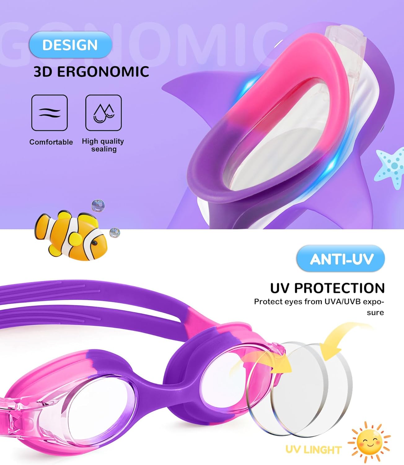NSSIW Kids Swim Goggles - Anti-Fog, No Leak Design | 2 Pack for Ages 3-16