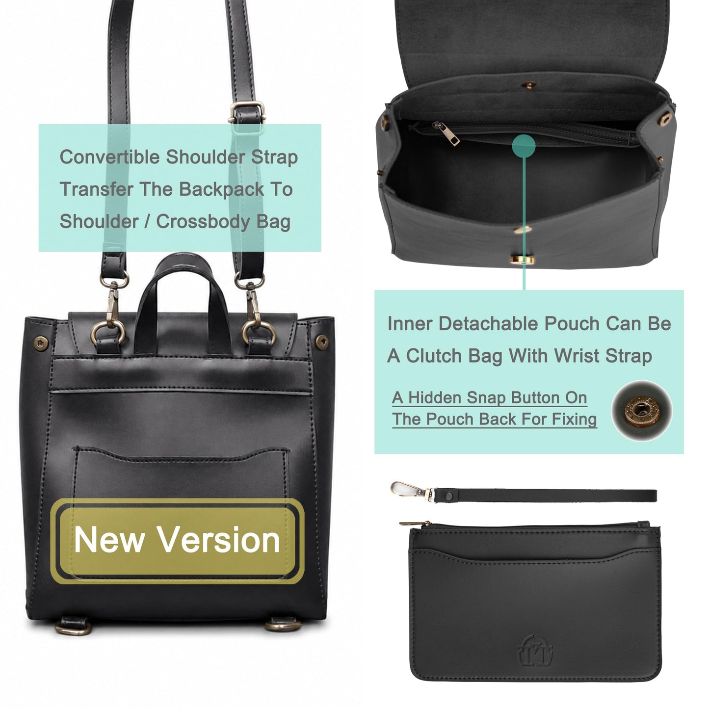 SUNLIGHT LEAVES Simple Vegan Leather Flap 3 Way Convertible Backpack For Women Classic Vintage Faux Leather Fashion Daypack (Black)