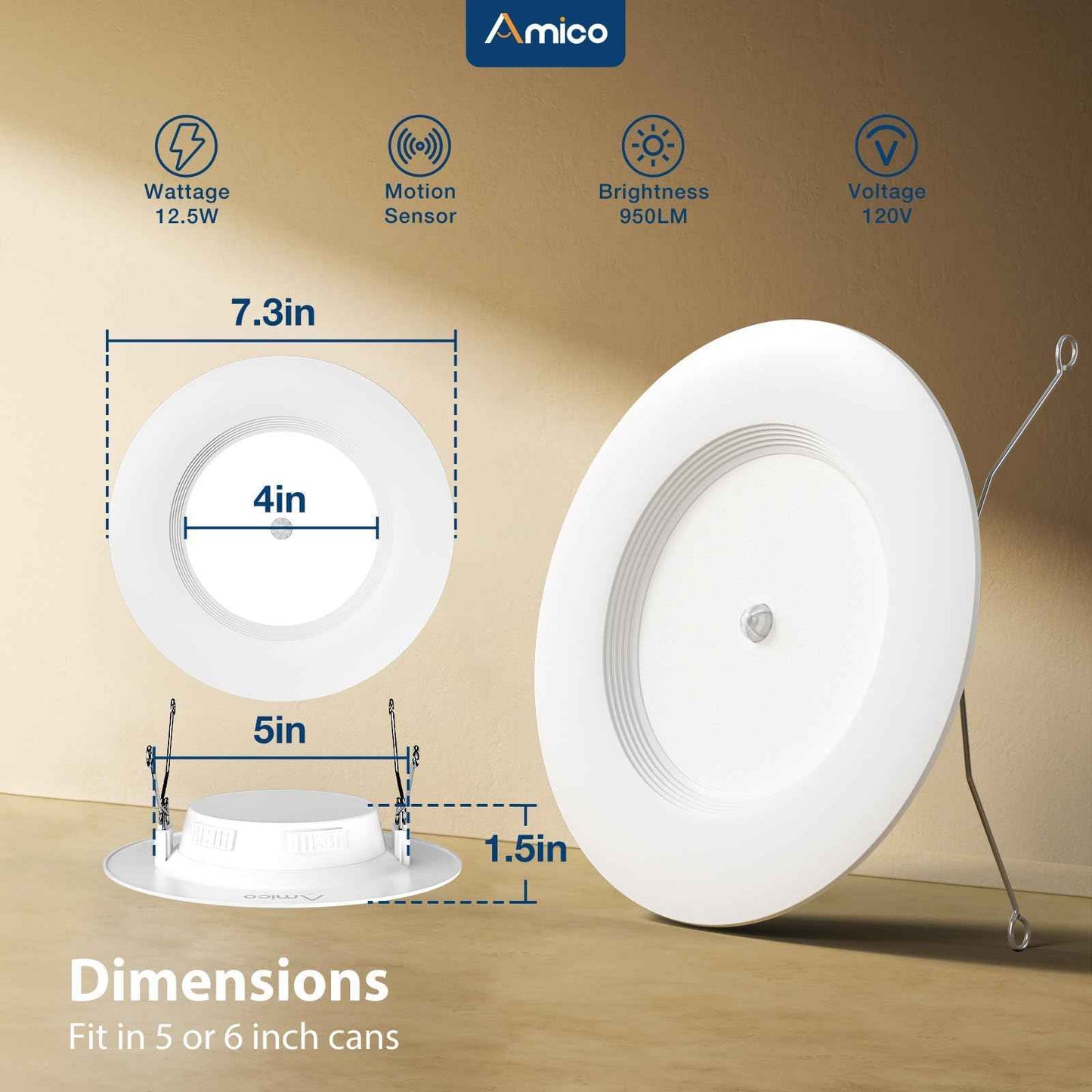 Amico 5/6 inch Motion Sensor Recessed Light, 12.5W=100W, 950LM, 2700K/3000K/4000K/5000K/6000K Selectable, LED Retrofit Can Lights, IC Rated - ETL & FCC, White