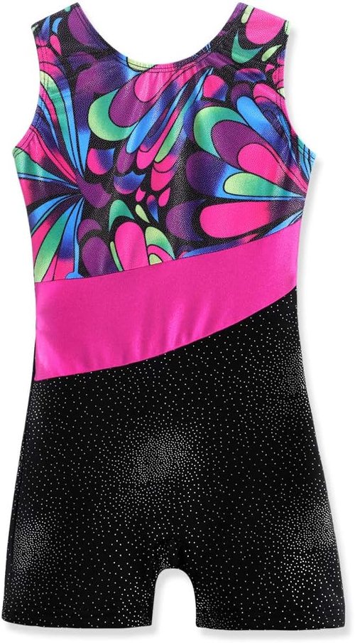 Belovance Girls' Gymnastics Leotards - Sparkle Butterfly Floral Design | Sleeveless Biketards in Hot Pink & Black