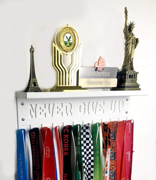 URBN BY MODERN HOME FINISHINGS Never Give Up Sports Awards Medal Hanger Display, 3" Trophy Shelf Medal Holder with Hooks, Easy Install Wall Shelf and Ribbon Holder White Wall Shelf