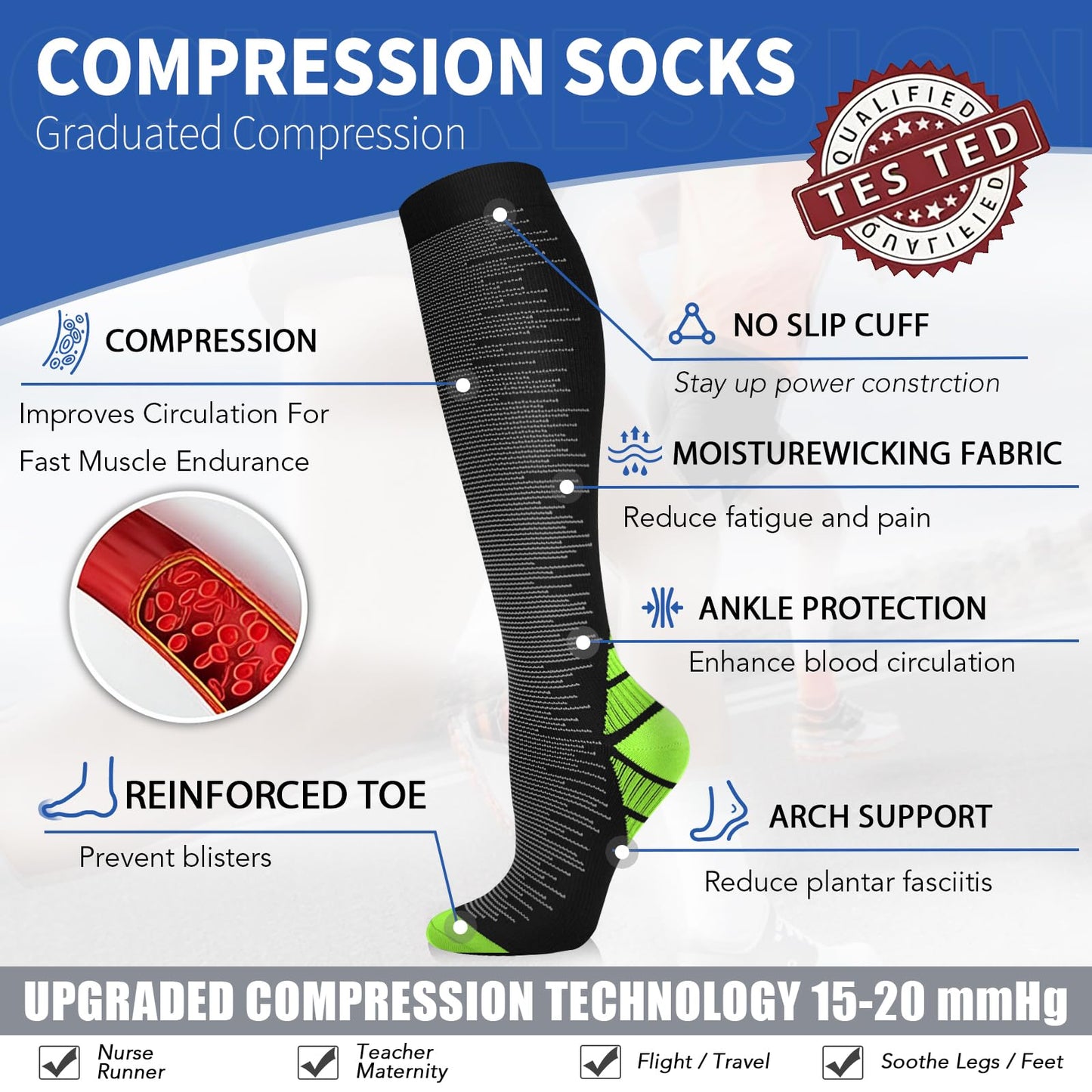 Sooverki Graduated Copper Compression Socks for Men & Women Circulation 8 Pairs 15-20mmHg - Best for Running Athletic Cycling