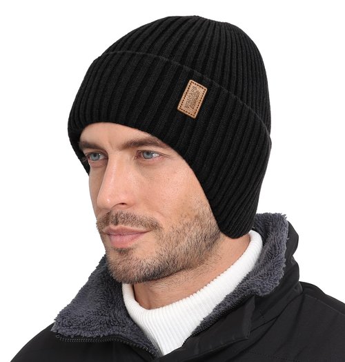 Wmcaps Fleece Lined Winter Beanie with Earflap for Men Women - Windproof Thermal Knit Hat for Cold Weather Black