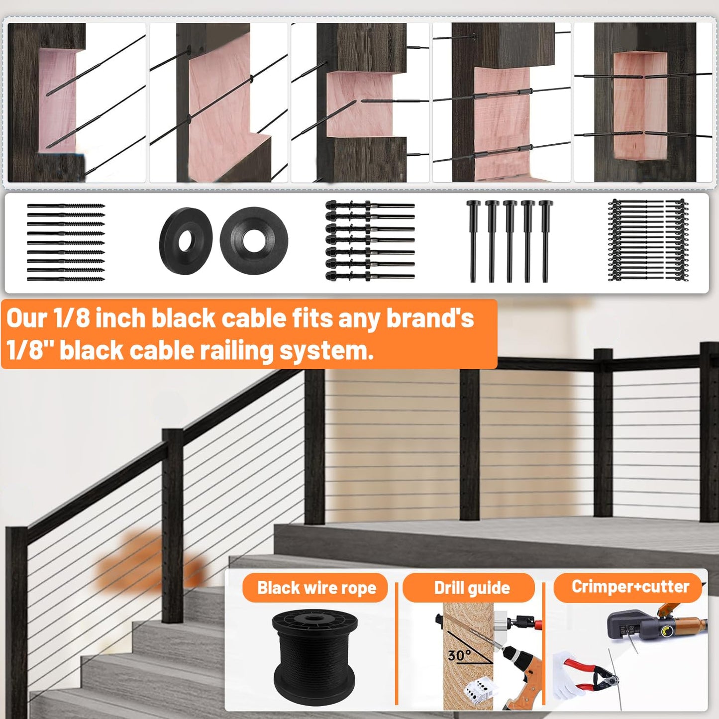 300FT T316 Black Stainless Steel Cable 1/8 inch, Black Aircraft Cable for Deck Railing, 7 x 7 Strands Construction Braided Steel Cable, Black Wire Cable for Wood Posts