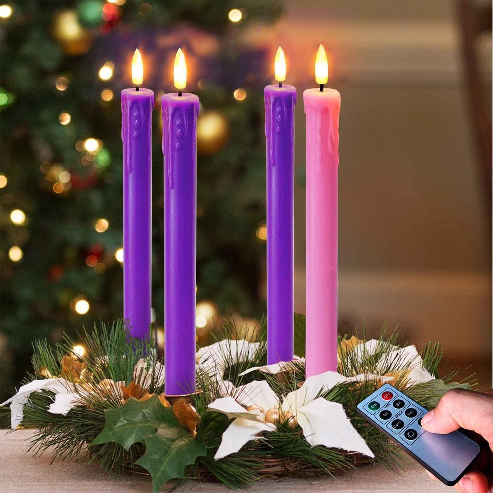 Abkshine Set of 4 LED Christmas Candle Lights, Battery Operated Taper Candles for Advent Wreath, 3 Purple 1 Rose Flickering Wax Flameless Candles for Holiday School Church Celebration