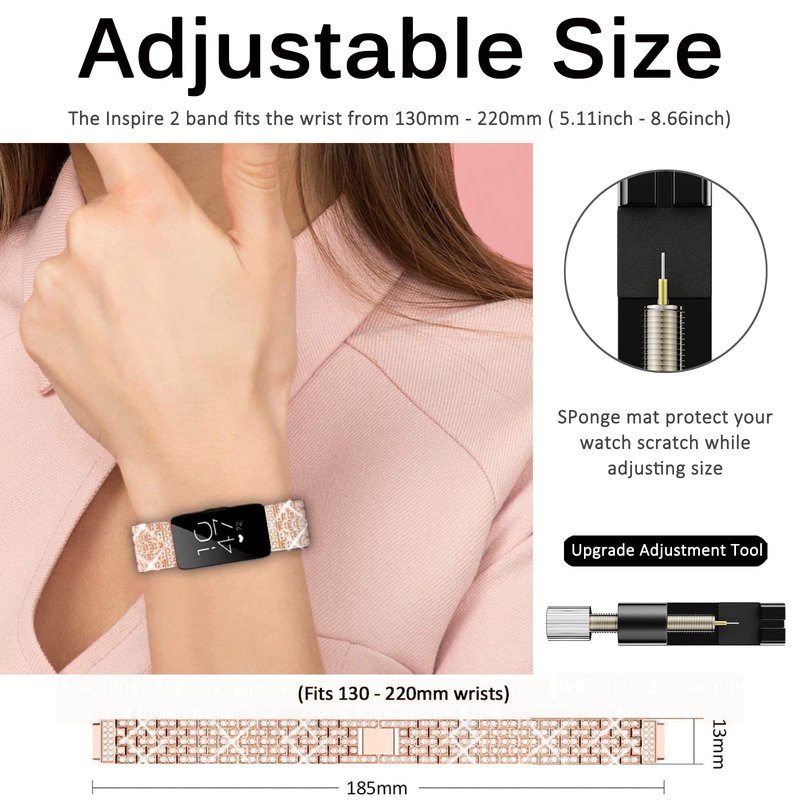 Miimall Compatible for Fitbit Inspire, Inspire 2 & HR Bands - Diamond Crystal Metal Bling Replacement Strap - Rose Gold