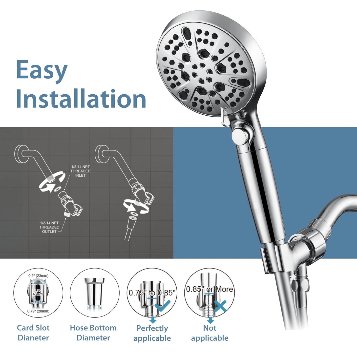 Adjustable Shower Head Holder for Handheld Shower Head Chrome Adjustable Shower Arm Mount for Connecting Shower Arm and Shower Hose, 1/2 Inch IPS Female Inlet and Male Outlet