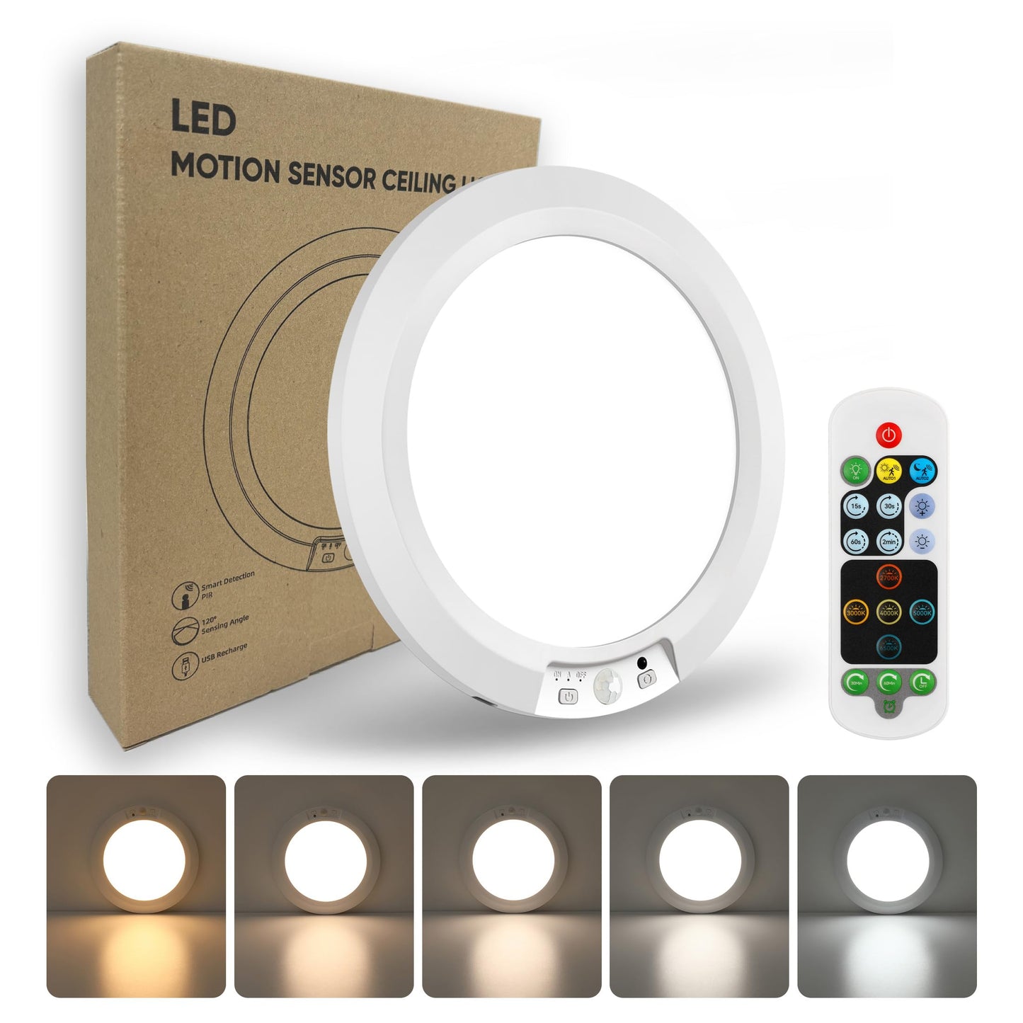 APCENS Ultra-Thin Rechargeable Motion Sensor Ceiling Light with Remote, 8000mAh Battery, Dimmable, Timer, 5 Color Temperatures, Magnetic Ceiling/Wall Mount for Stairs, Closet, Hallway(1, 7.5inch)