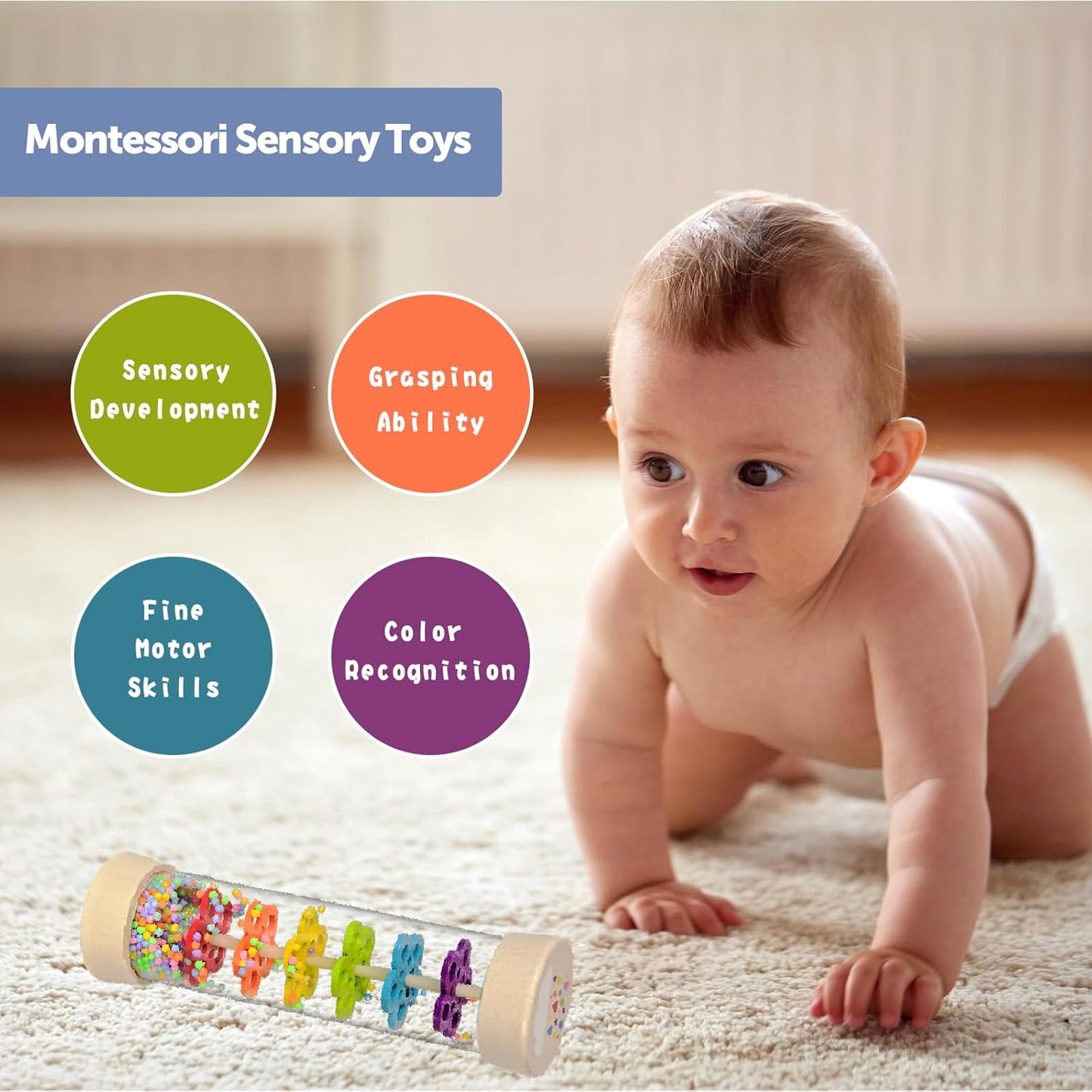 Montessori Rain Stick | Wooden Sensory Baby Rattle - Musical Toy for Infants 6-12 Months, 7.7”