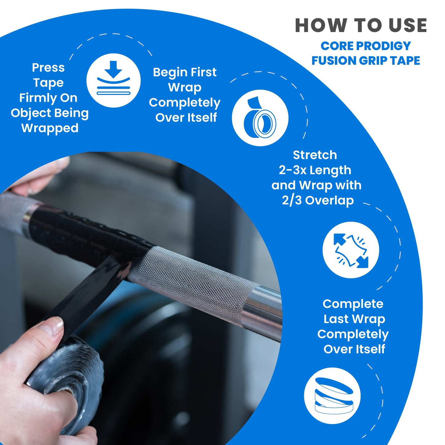 Core Prodigy Fusion Grip Tape - Silicone Rubber Wrap for Pull Up Bars, Barbells, Dumbbells, Sports and Gym Equipment, Weights and Tool Handles (10 Foot, Blue)