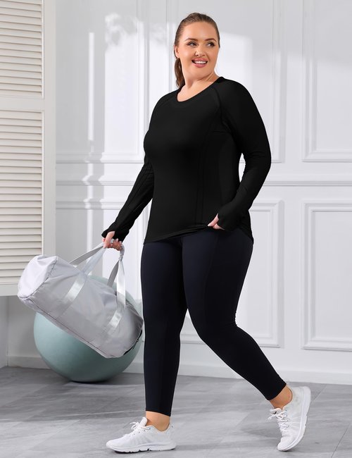 COOTRY Plus Size Seamless Workout Shirts for Women Long Sleeve Yoga Tops Sports Running Athletic Top Slim Fit Black 2XL
