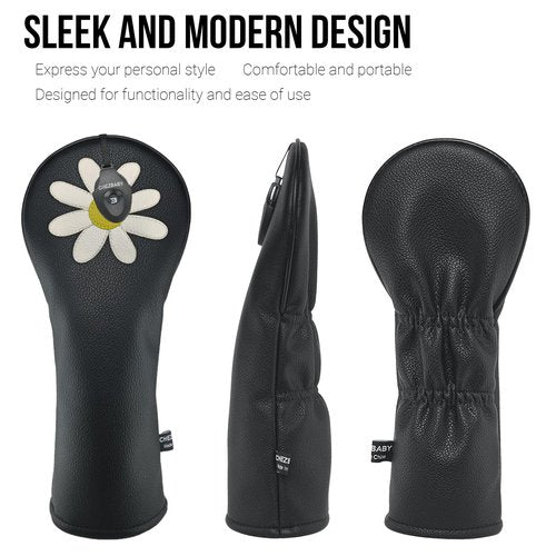 Daisy PU Leather Golf Club Covers Driver Headcovers Fairway Woods Hybrid Protector with Interchangeable Number Tag