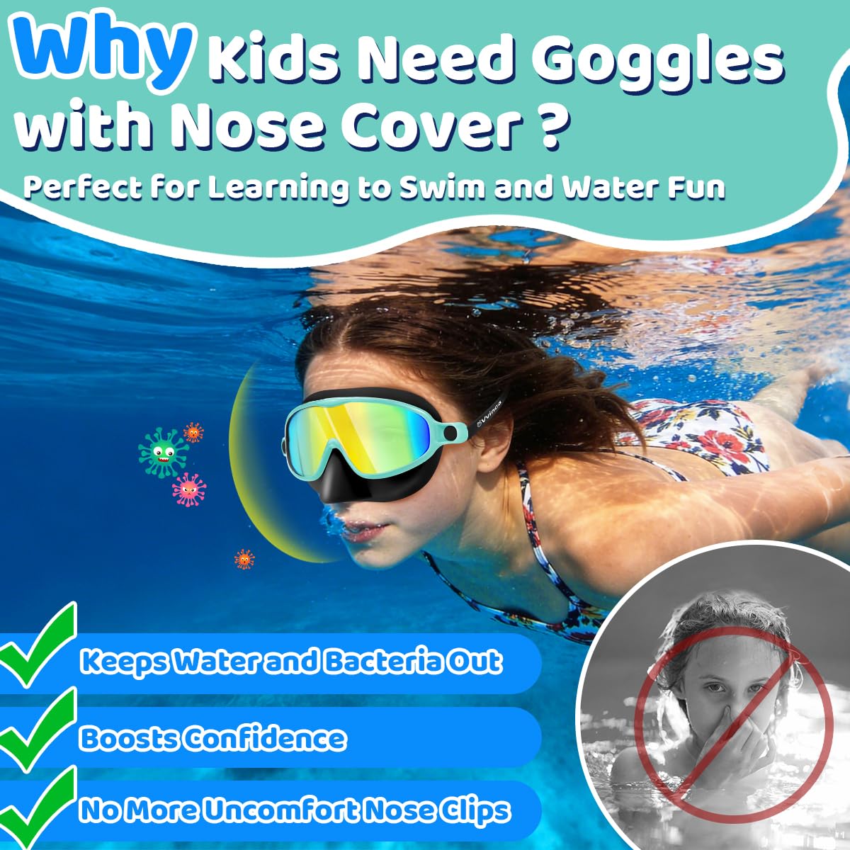 Vvinca Kids Swim Goggles with Nose Cover 2 Pack, Anti-Fog Waterproof Swimming Glasses for Boys Girls Age 12-15, Wide View Silicone Scuba Mask for Toddler Pool Beach Water Play