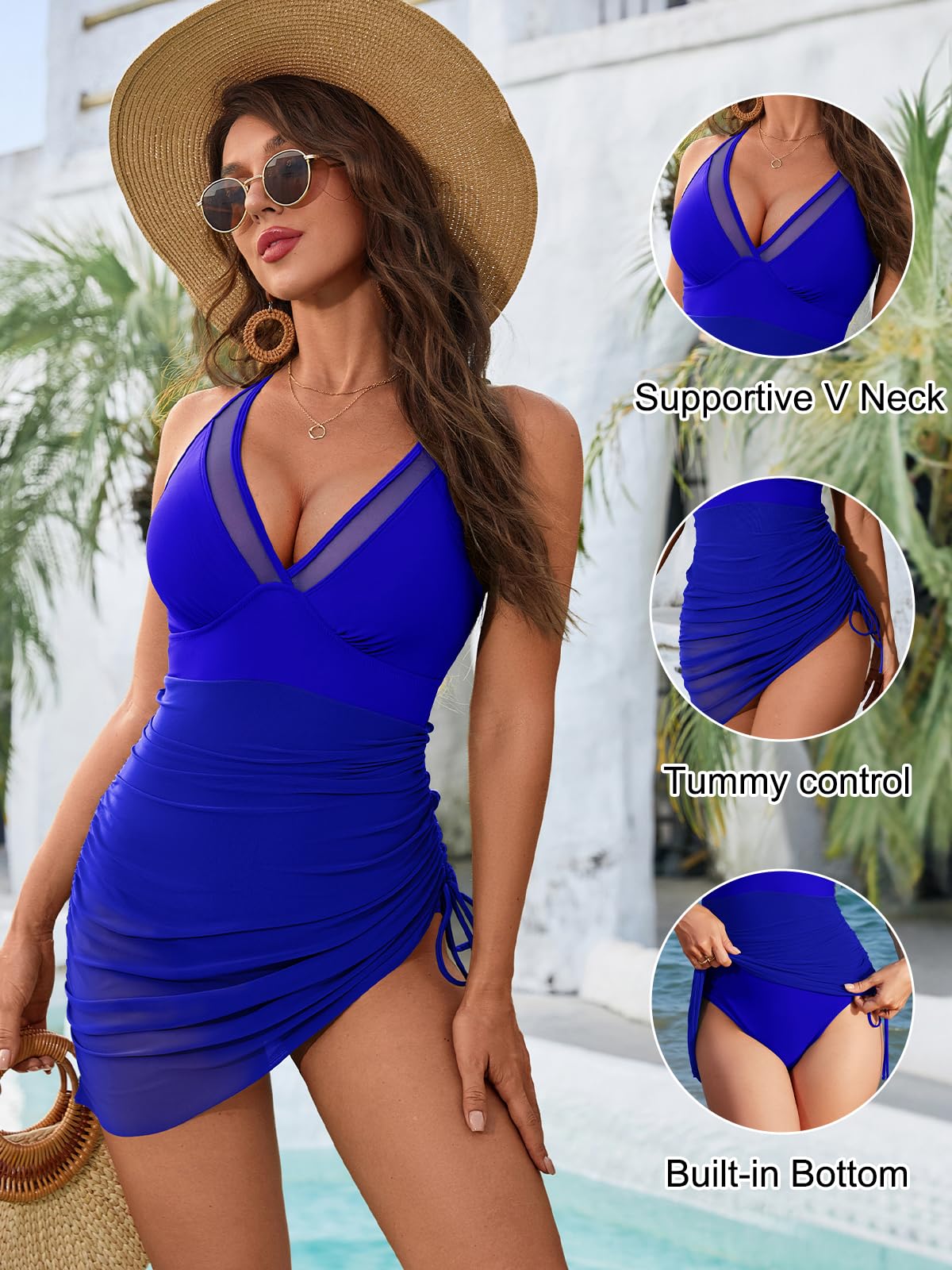 Blooming Jelly Women One Piece Swim Dress Tummy Control Swimsuits Slimming Sarong Wraps Bathing Suit (XL, Royal Blue)