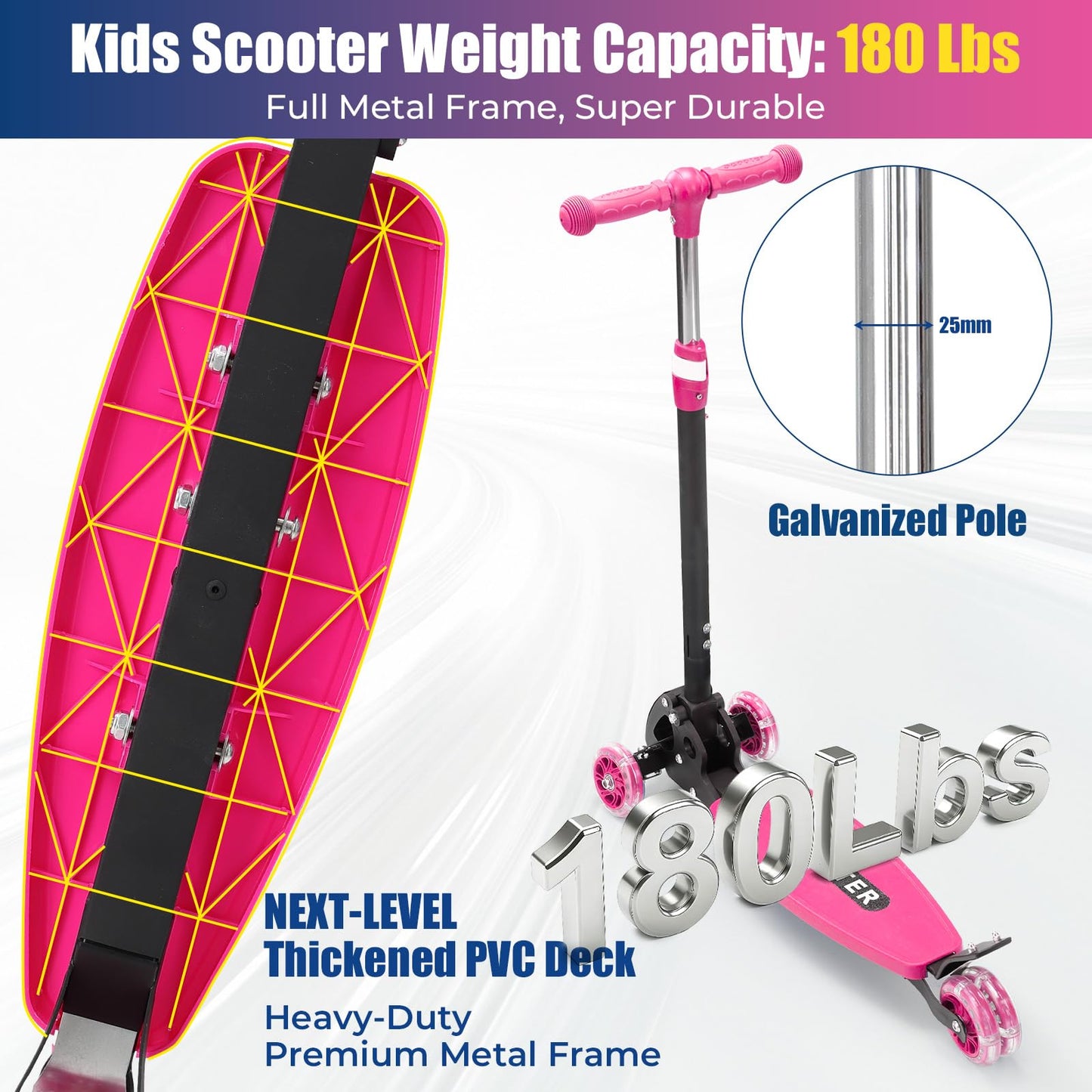 Scooter, Heavy-Duty 3-Wheel Scooter, 3-Speed Height Adjustable, LED Light-Up Wheels, Foldable - Kids Kick Scooter for 6-12 Year Old Boys Girls, 180 lbs Capacity for Birthday Christmas, Pink