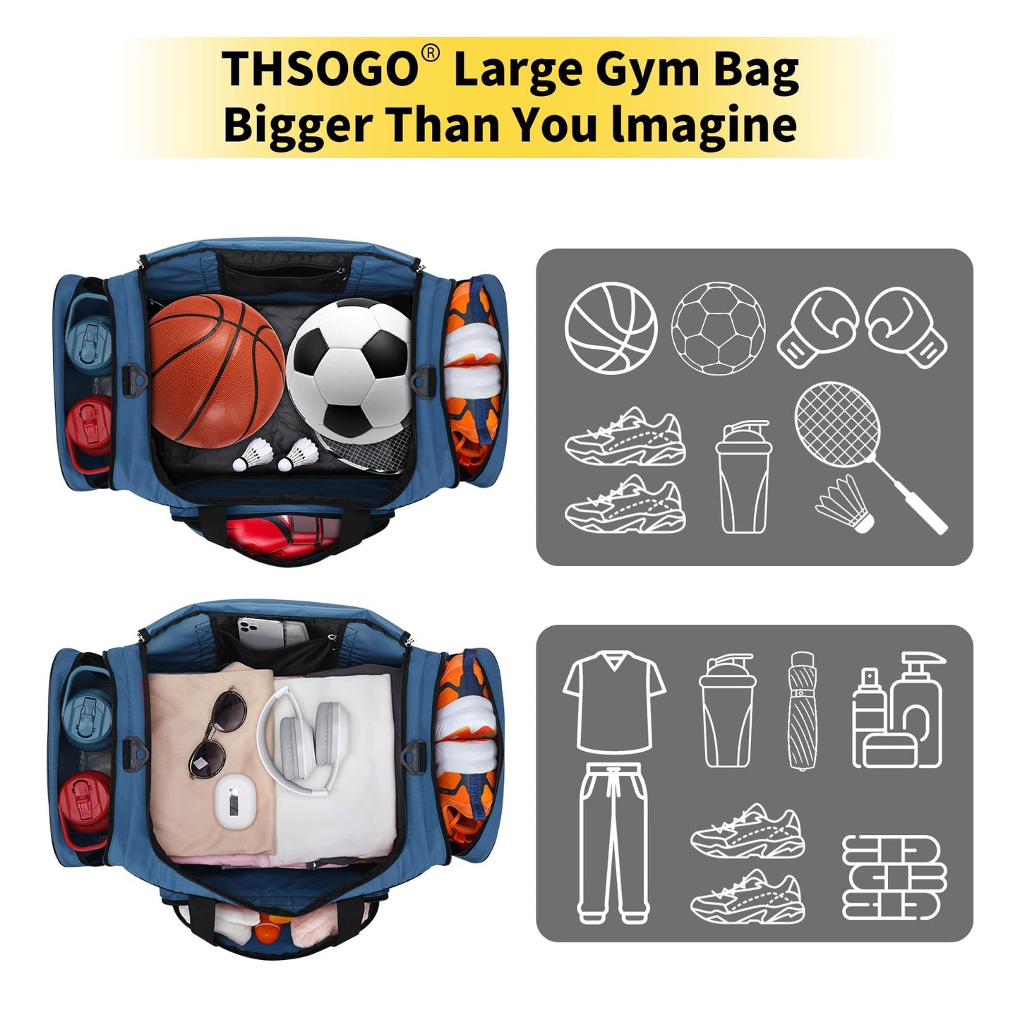 THSOGO 22 inch Gym Bag for Men - 55L Large Travel Duffle Bag Sports Equipment Bag with Multiple Zippered Pockets,Outdoor Workout Duffle Bag for Overnight Weekend - Blue