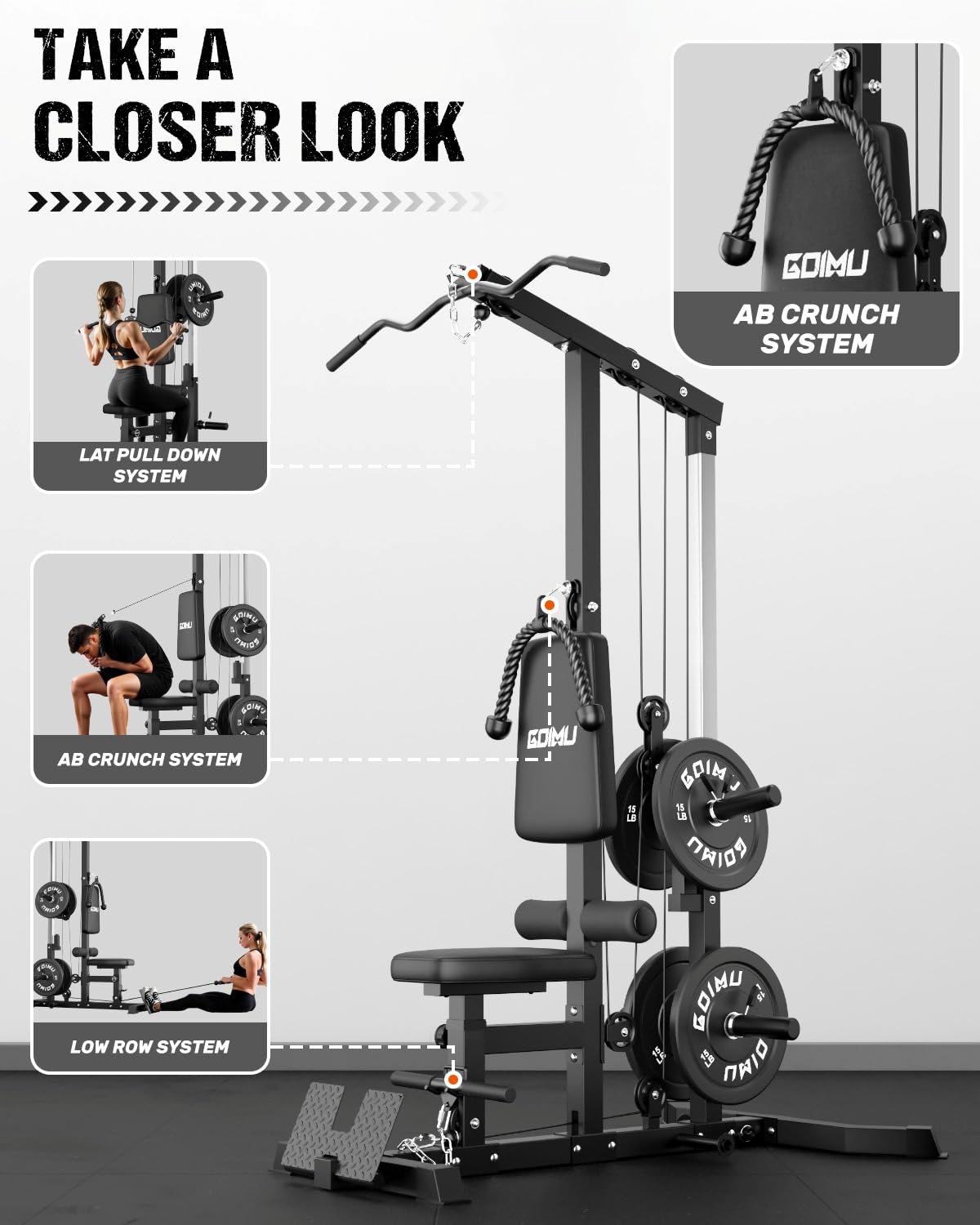 GOIMU LS01 LAT Pulldown Machine, LAT Row Cable Machine with AB Crunch, LAT Tower with Cable Row Attachments, 3 in 1 Pulley Stations for Home Gym