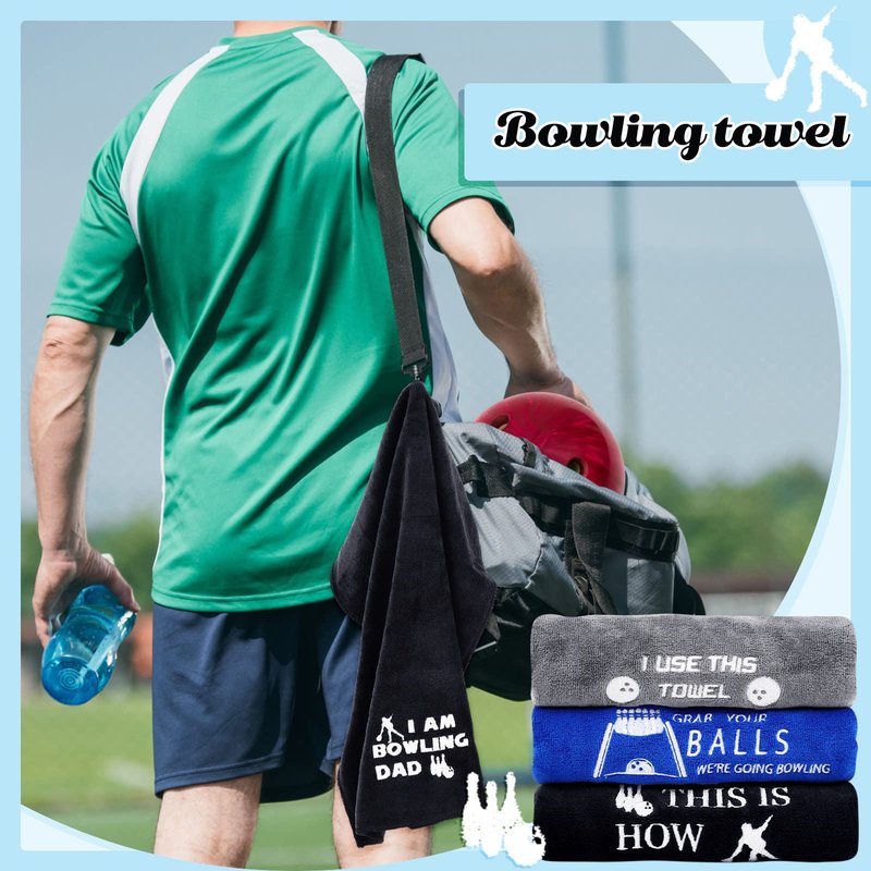 Newwiee 3 Pcs Christmas Funny Bowling Towel with Gift Box, Novelty Embroidered Patterned Bowling Ball Towel Gift Accessories for Men Dad Boyfriend Father's Day Christmas(Black, Blue, Grey,Classic)