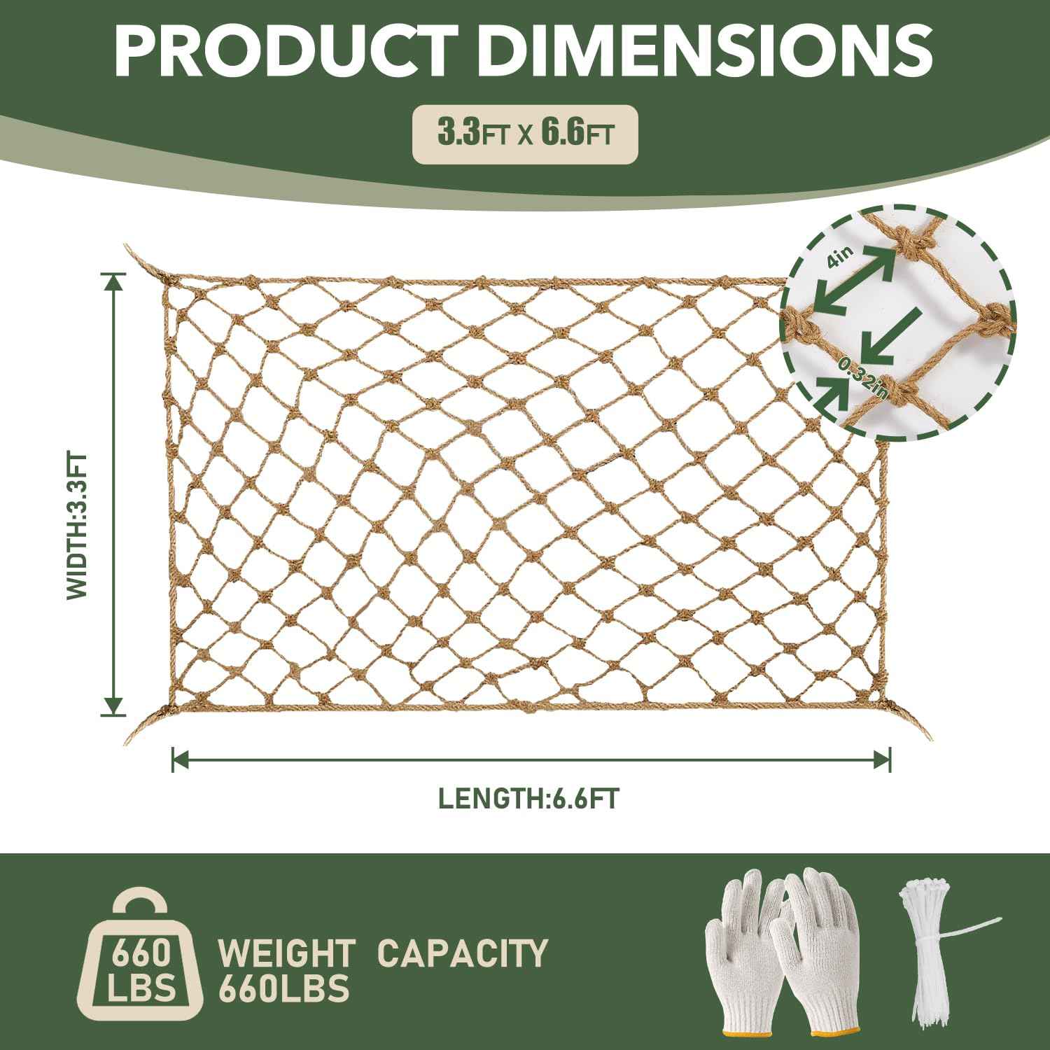 Jute Hemp Rope Net - 3.3x6.6FT, Balcony and Stair Barrier, Playground Safety Nets, Outdoor Climbing Nets, Perfect for Indoor/Outdoor Wall, Garden, or Hammock Decor Net