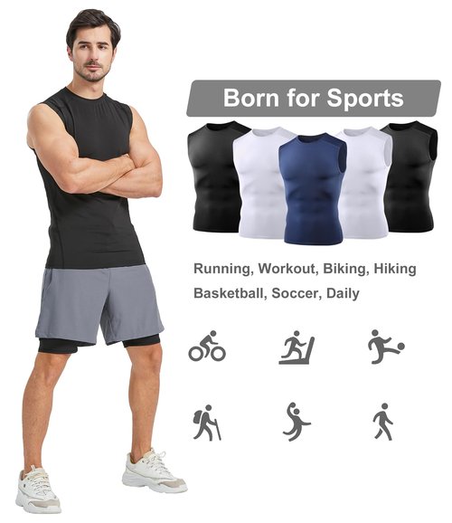 Dalavch 5 Pack Men’s Sleeveless Compression Shirts, Dry Fit Running Sports Workout Athletic Base Layer Tank Tops 2 Black 2 White 1 Blue Large