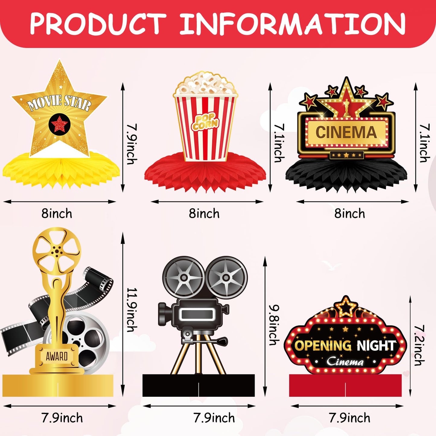 Chinco 12 Pieces Movie Night Party Decorations Supplies Movie Theater Honeycomb Centerpiece 3D Microphone Ticket Star Video Paper Centerpiece Sign Table Decoration for Theater Birthday Party Favors