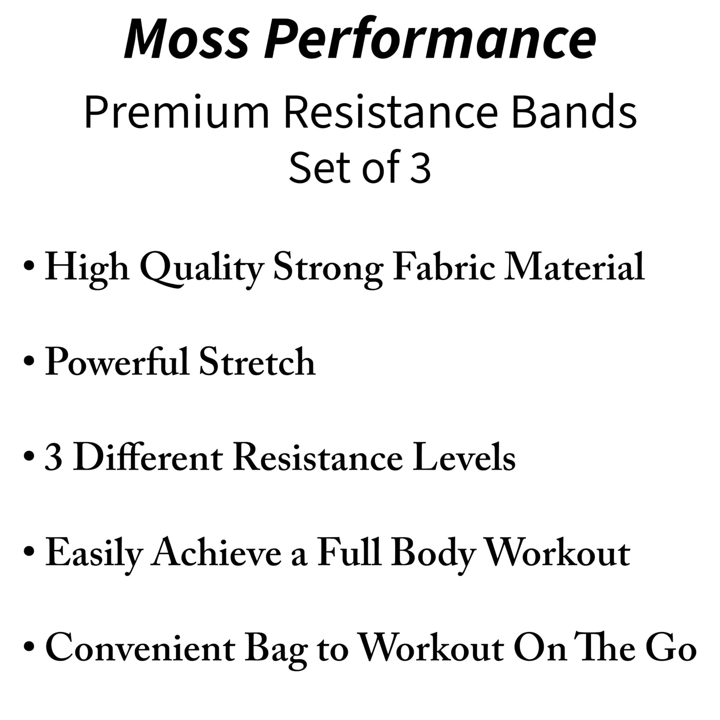 Moss Performance Premium Fabric Resistance Bands, Glute Bands, Set of 3 Resistance Strengths with Carrying Bag for Men & Women, Strength Training, Pilates, Physical Therapy, Home Exercise, & More