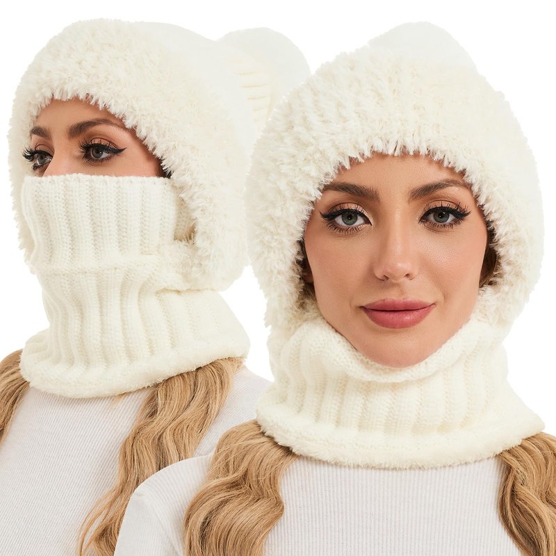 Sumolux 3 in 1 Beanie Hats for Women Fleece Lined Scarf and Mask Outdoors Windproof Knitted Ski Mask Set White