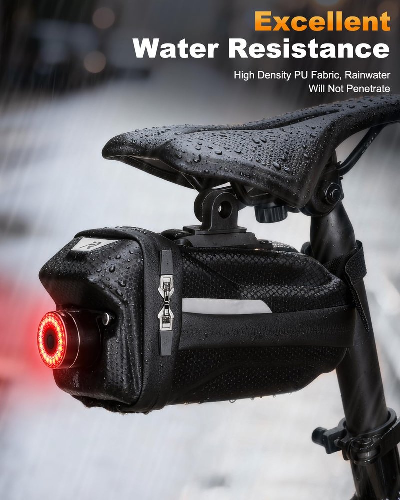 POWVINE Bike Saddle Bag with Taillight, 2.0L Waterproof & Easy-Install Bicycle Saddle Bag, 3D Shell Cycling Seat Pack for Road/E-Mountain Bikes, Durable Storage Bag for Cyclists