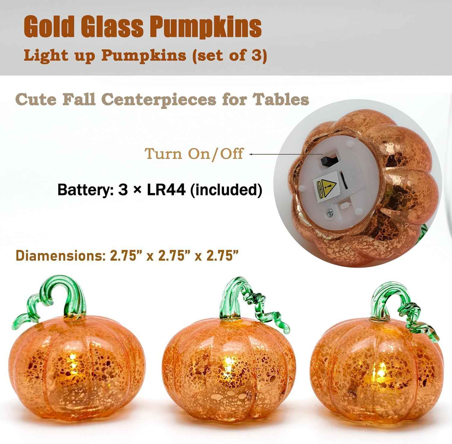 Set of 3 Golden Glass Pumpkin Lights - 2.5" Battery Operated LED Fall Decor for Halloween & Thanksgiving, Mercury Glass Table Centerpiece, Warm Amber Glow for Indoor Autumn Decorations