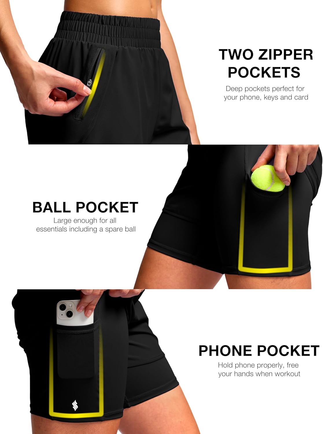 Soothfeel Women's 2-in-1 Athletic Running Shorts - High Waisted with Liner & Zipper Pocket, 5" Length