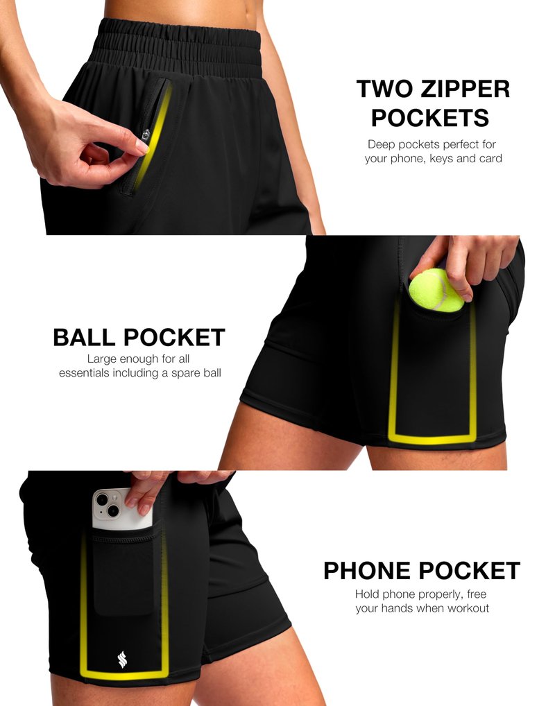 Soothfeel Women's 2 in 1 Athletic Running Shorts with Liner Zipper Pocket 5" High Waisted Gym Workout Tennis Shorts for Women Black M