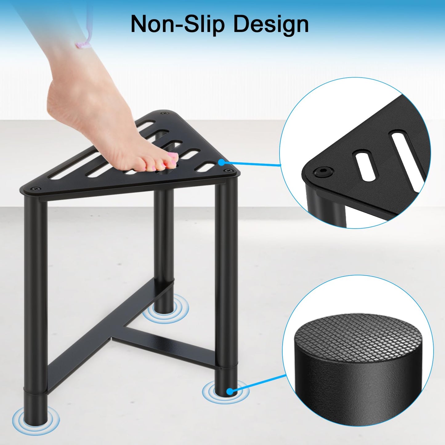 JIAPAIDUO Shower Stool for Inside Shower, 13.78" D Stainless Steel Shaving Foot Rest, Waterproof Corner Bench, Black Seat to Shave Legs with Rubber Cushion