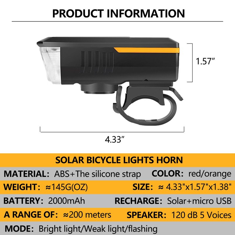 Bike Horn Headlight Solar/USB Dual Charging Bike Horn Light High Brightness Bike Headlight Waterproof Bike Horn Light Ideal for Mountain and Road Night Riding Essential Gear for Night Cycling (orange)